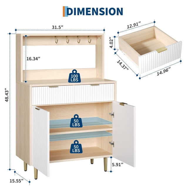 Kojooin Buffet Bahut Cannelé avec Rangement, Armoire de Bar à Café Moderne avec 2 Tiroirs et Tablettes Ajustables