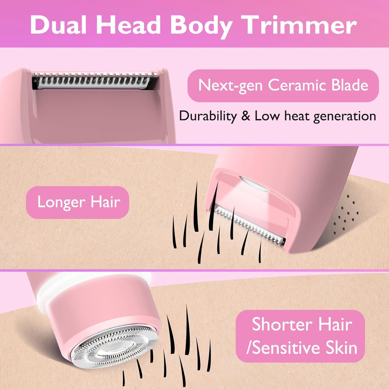 Bikini Trimmer for Women, Dual Head Electric Razors, Waterproof Pubic Hair Trimmer,Rechargeable Painless Silk Glide Pro Shaver for Underarm Leg Arm Body Face, Cherry