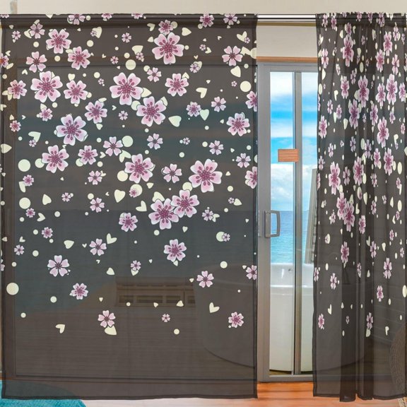 Coolnut Cherry Blossom On Black Sheer Gauze Door Curtain Window Curtain Drapes for Living Room Kids Bedroom Window Treatment Decor W55 x L78 In 2 Panels