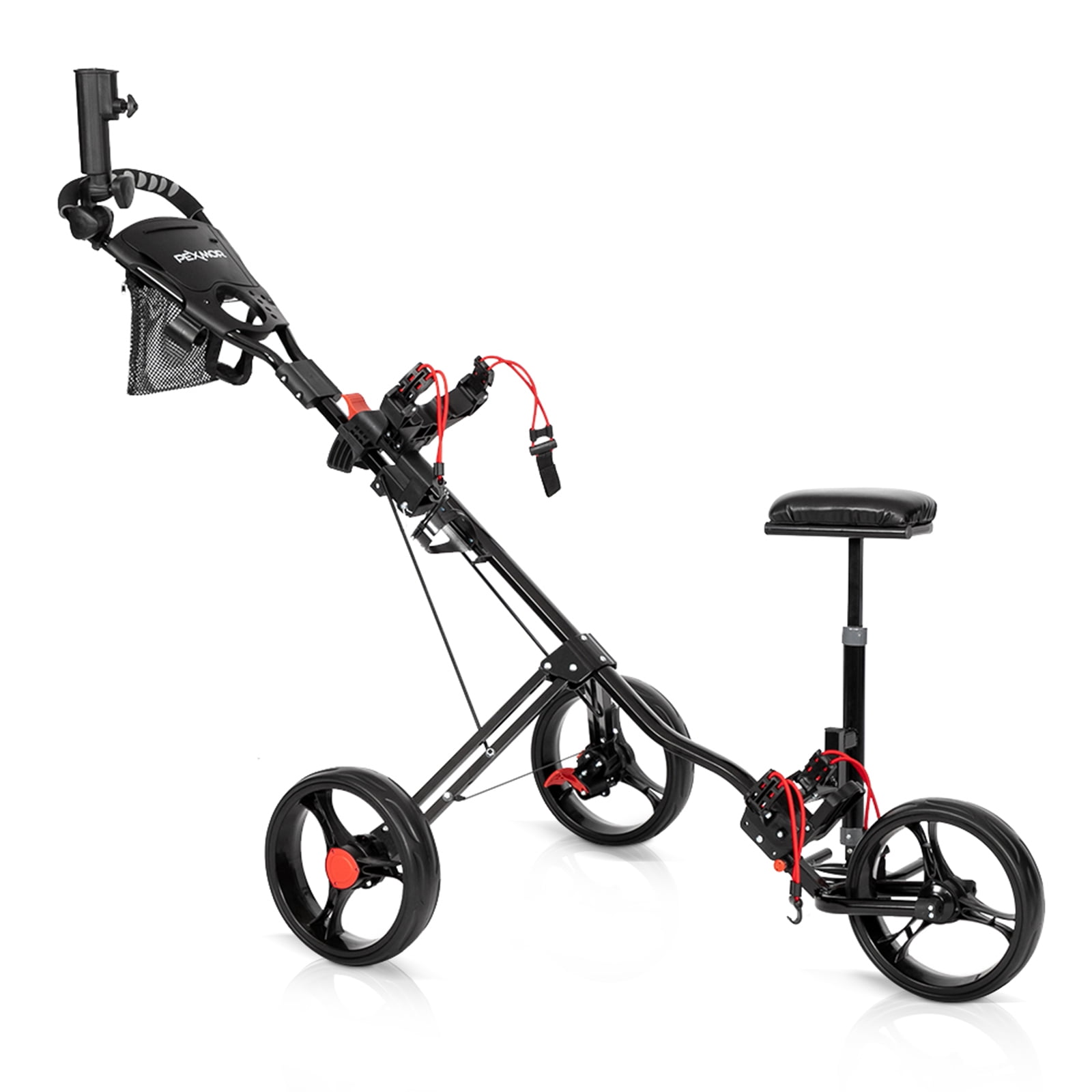 PEXMOR Foldable Golf Push Cart 3 Wheels w/ Seat Umbrella Holder