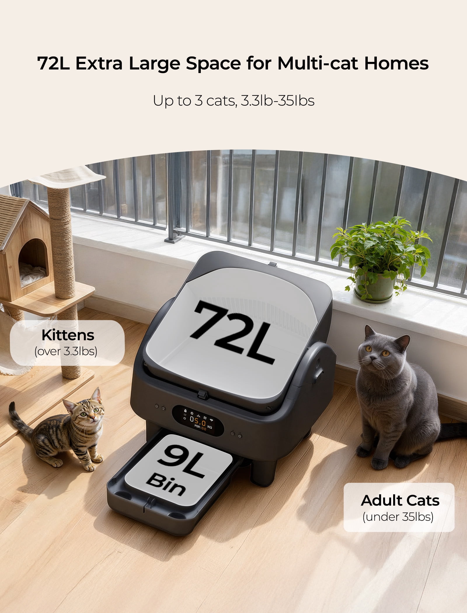 Self Cleaning Cat Litter Box, Cypcat Smart Automatic Litter Box Anti-Pinch, 10 Safety Sensors, 72L Large Cat Litter Boxs for Multiple Cats, 5G & 2.4G WiFi, 6" LED Display, Odor Control Robot, Grey