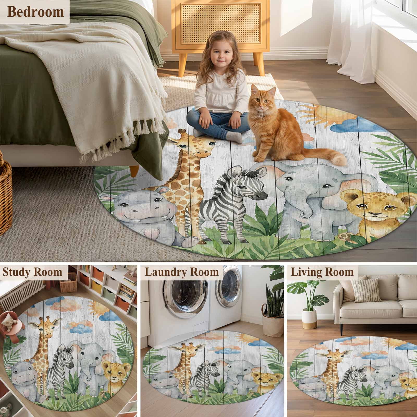 Cute Animals Round Area Rug 4Ft Washable Circle Rugs for Bedroom Dining Room, Cartoon Summer Botanical Palm Leaves Non-Slip Carpet Floor Mats Indoor Outdoor Carpet Runner Aesthetic Home Decor