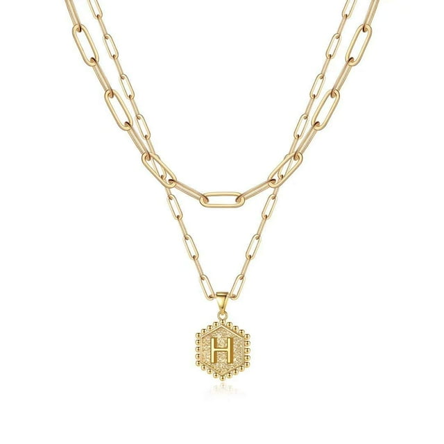 Colliers Initiaux Superposés pour Femmes, Collier Chaîne Trombone Simple Mignon Pendentif Lettre Hexagonale Collier Ras du Cou Initial Or Colliers Superposés pour Femmes, HGold