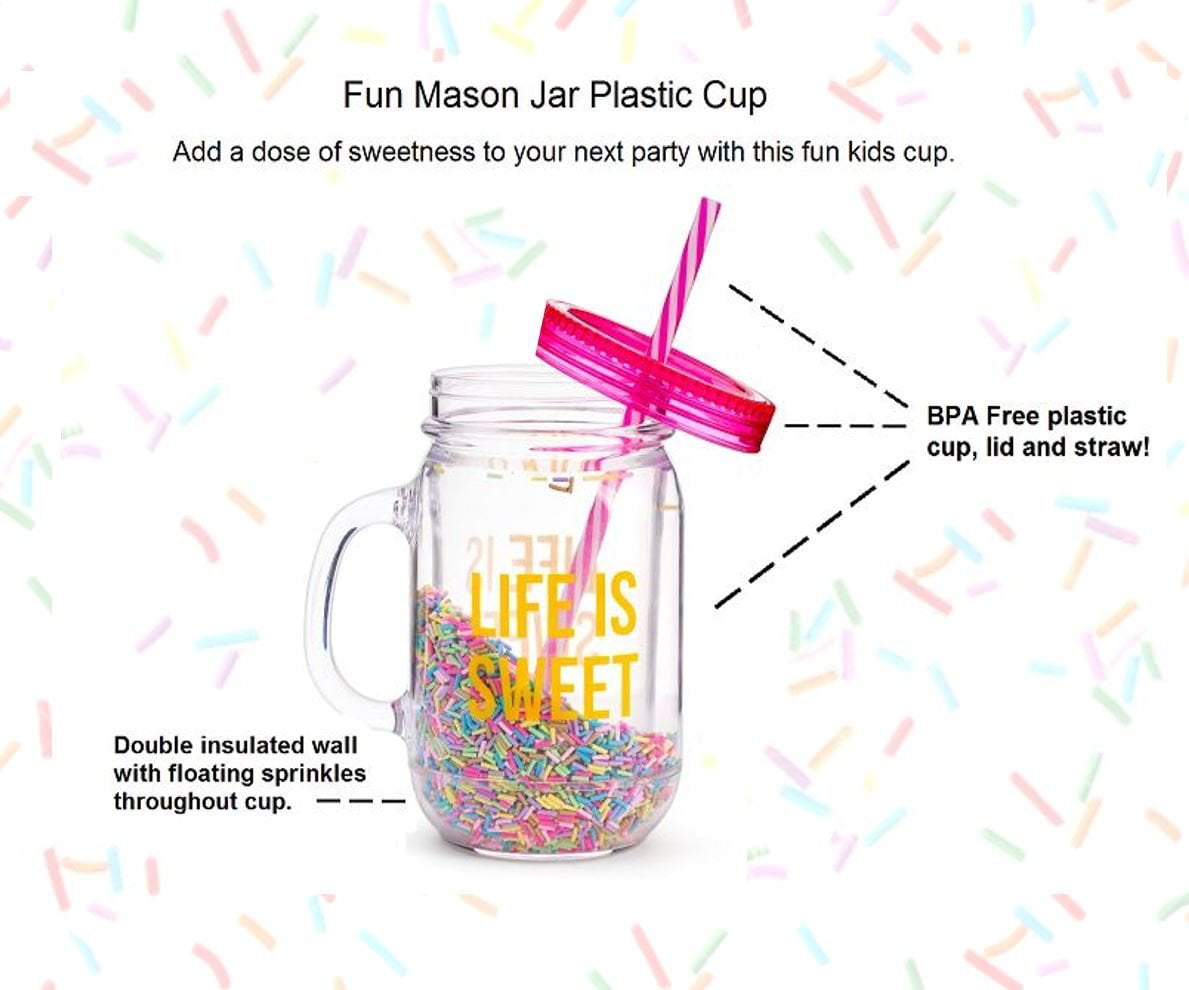 Plastic Mason Jar Mug Large Break Resistant Straw and Handle with Fun Floating Confetti Tri-Coastal Design BPA Free Cup with Lid