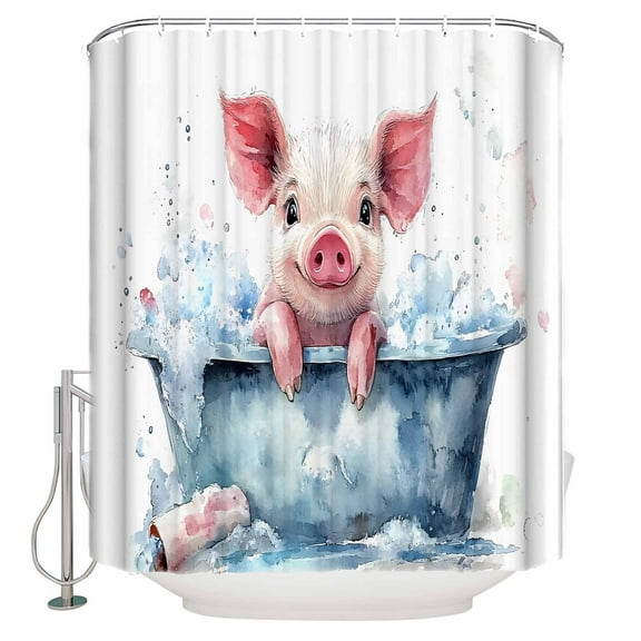 Pig Taking Shower Curtain, 72" x 72", A Bath Waterproof Bathroom Curtain Washable Shower Curtain Set with 12 Hooks