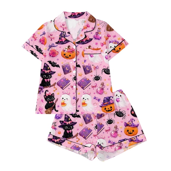 Likimi Halloween Womens Pajama Set Lapel Button Down Hallowmas Cartoon Print Short Sleeve Pjs Tops With Shorts Spring Autumn Comfort Homewear Pink Size L