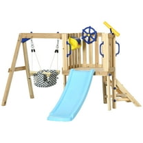 【LuckyNote】3 in 1 Wooden Swing Set Outdoor Playset with Baby Swing Seat, Toddler Slide, Captain's Wheel, Telescope, Kids Backyard Playground Equipment
