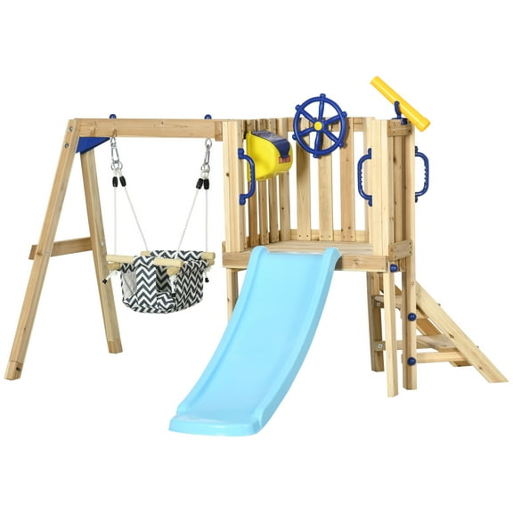 【LuckyNote】3 in 1 Wooden Swing Set Outdoor Playset with Baby Swing Seat, Toddler Slide, Captain's Wheel, Telescope, Kids Backyard Playground Equipment