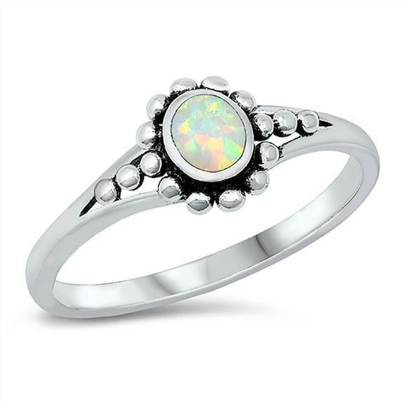 White Simulated Opal Beaded Flower Design Ring Sterling Silver Size 10