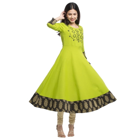 Yash Gallery Women's Cotton Slub Embroidered Angrakha Kurta (Green)