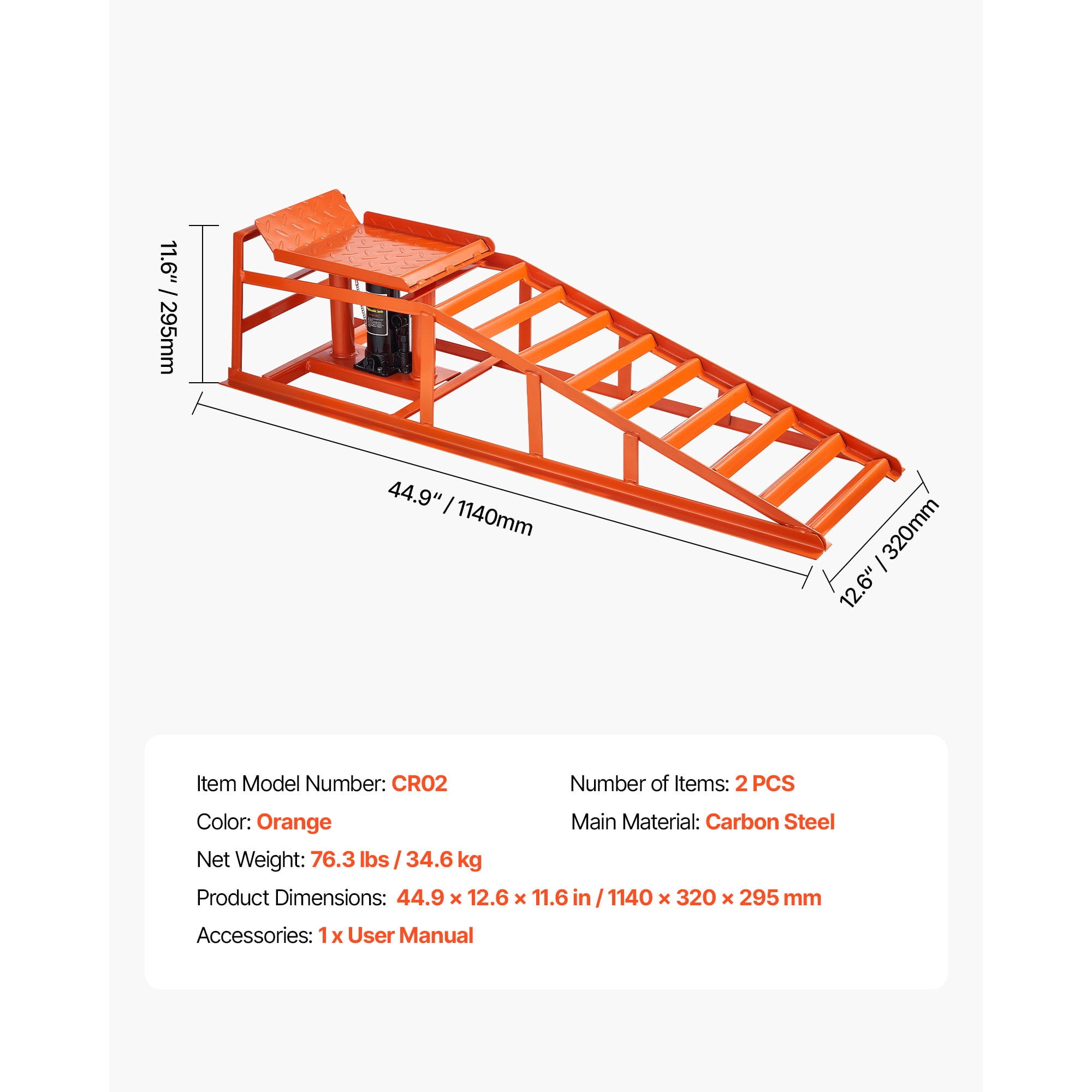 KFFKFF 2 PCS 5T Hydraulic Car Ramps, 11000 lbs Capacity, 10-14.2 Inch Lift Range, 4-Stage Height Adjustable,Heavy-Duty Vehicle Ramps for Garage Maintenance, Oil Changes, and Auto Repairs