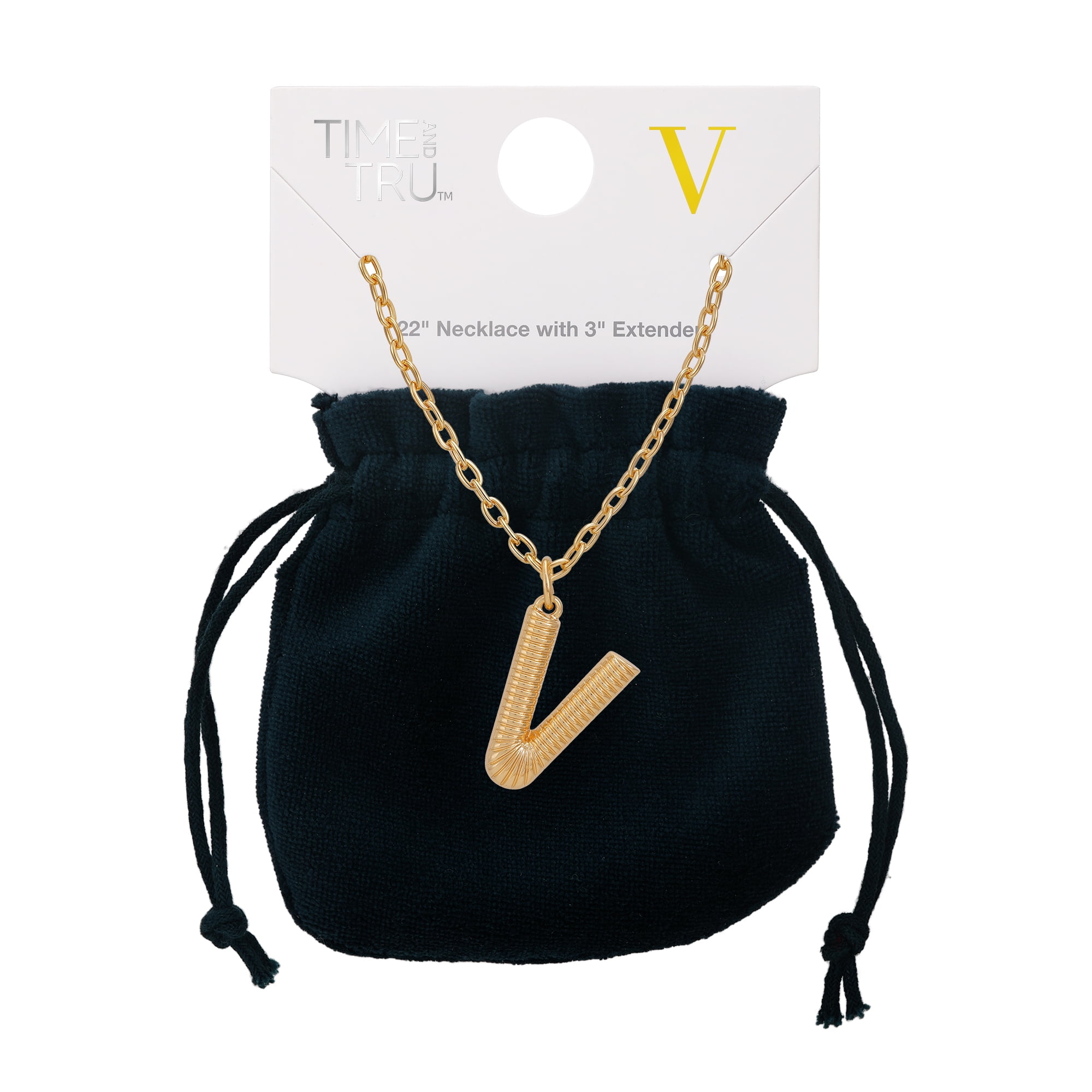 Time and Tru Women's Goldtone Initial V Necklace with Giftable Pouch