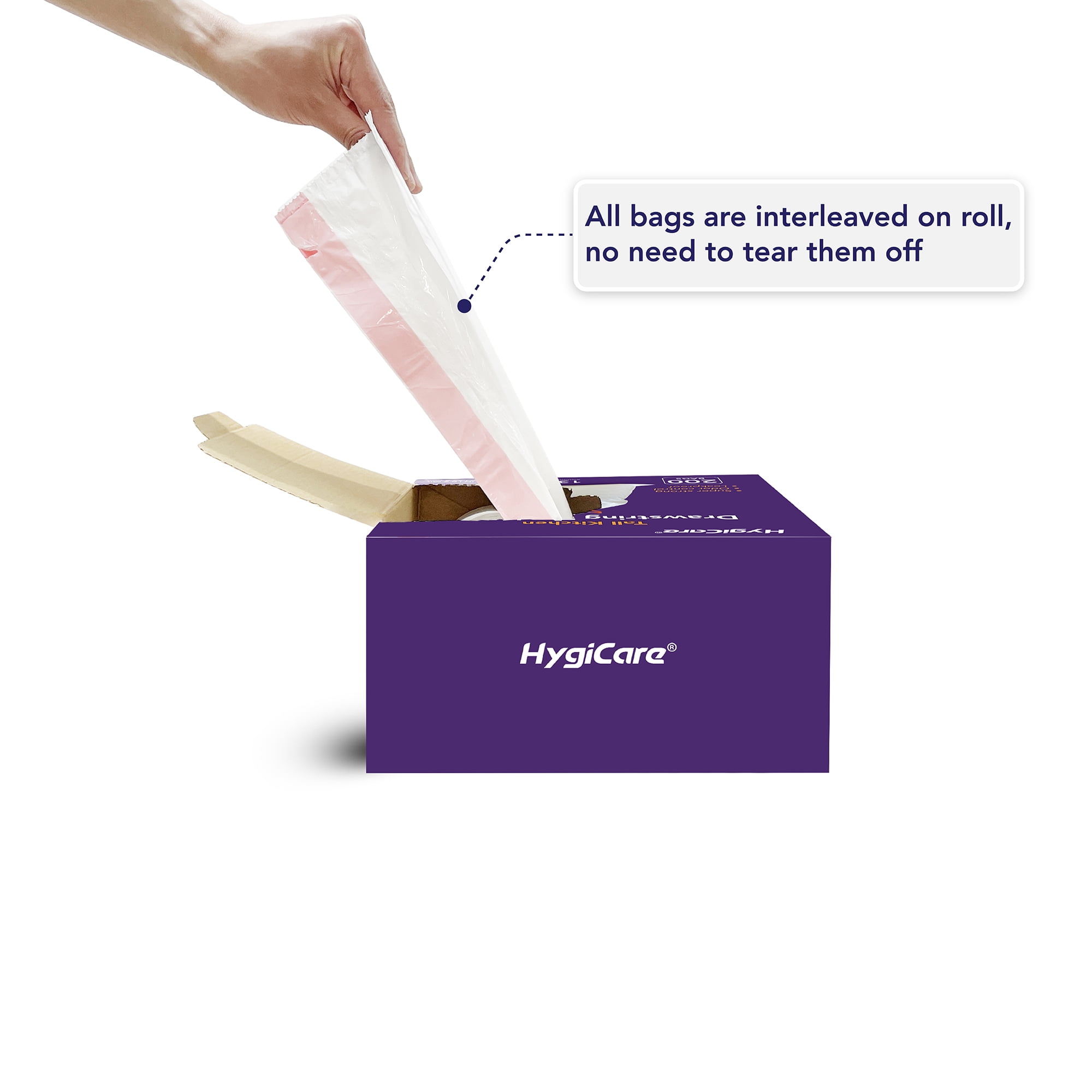 HygiCare 13 Gallon Tall Kitchen Drawstring Trash Bags, 200 Count, Lavender Scent, Super Strong, Leakproof