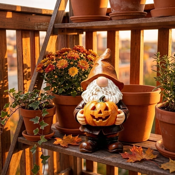 Gnome Pumpkin Statue Halloween Decor, Outdoor Garden Gnome Figurine for Porch Yard, Cute Autumn Harvest Resin Sculpture for Home Tabletop Party Centerpiece