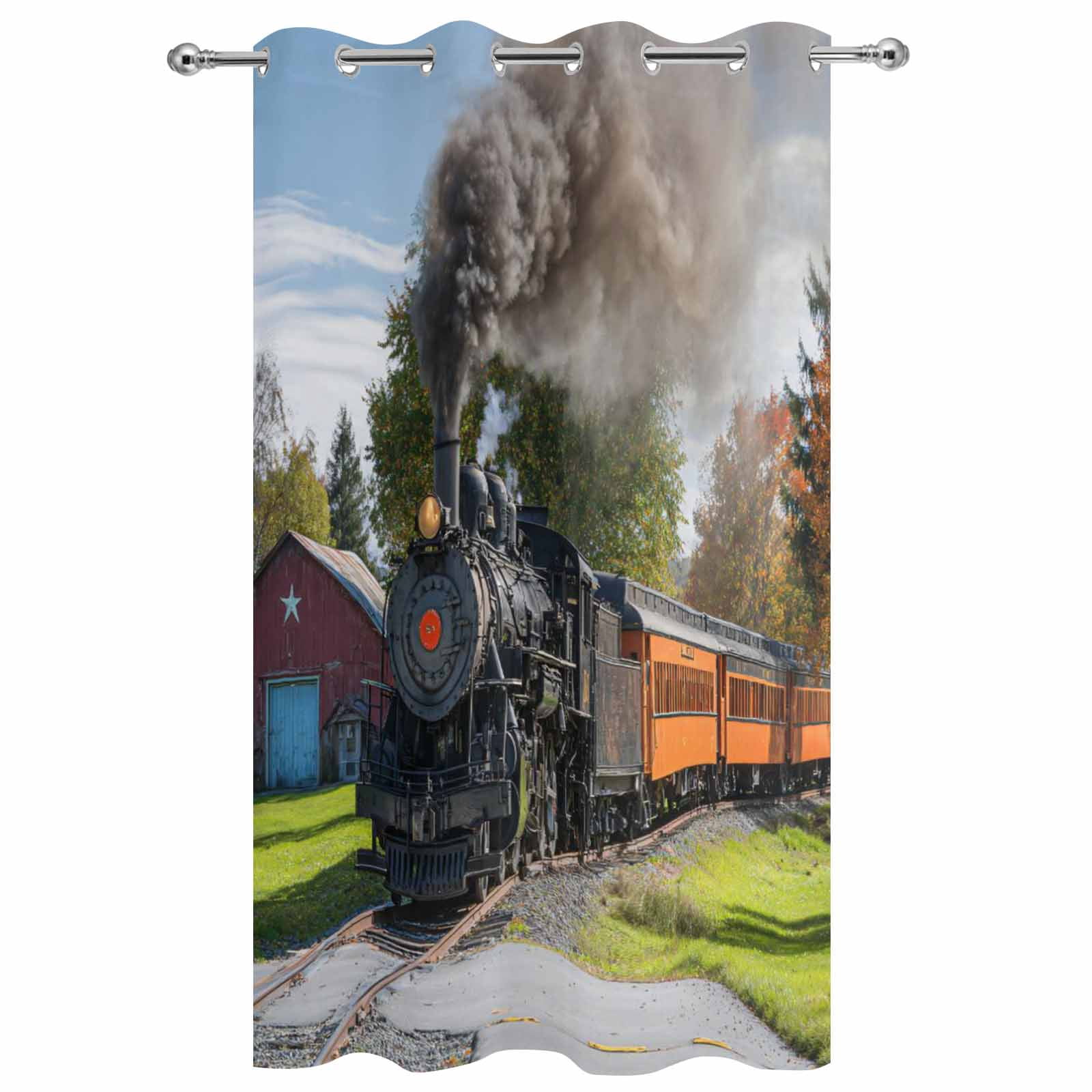 Outdoor Curtains for Patio Waterproof, Steam Train Windproof Pravicy Outside Porch Blackout Curtain, Railroad Country Barn Rustic Trees Farmhouse Sun Blocking Grommets Curtains for Cabana 54"x108"