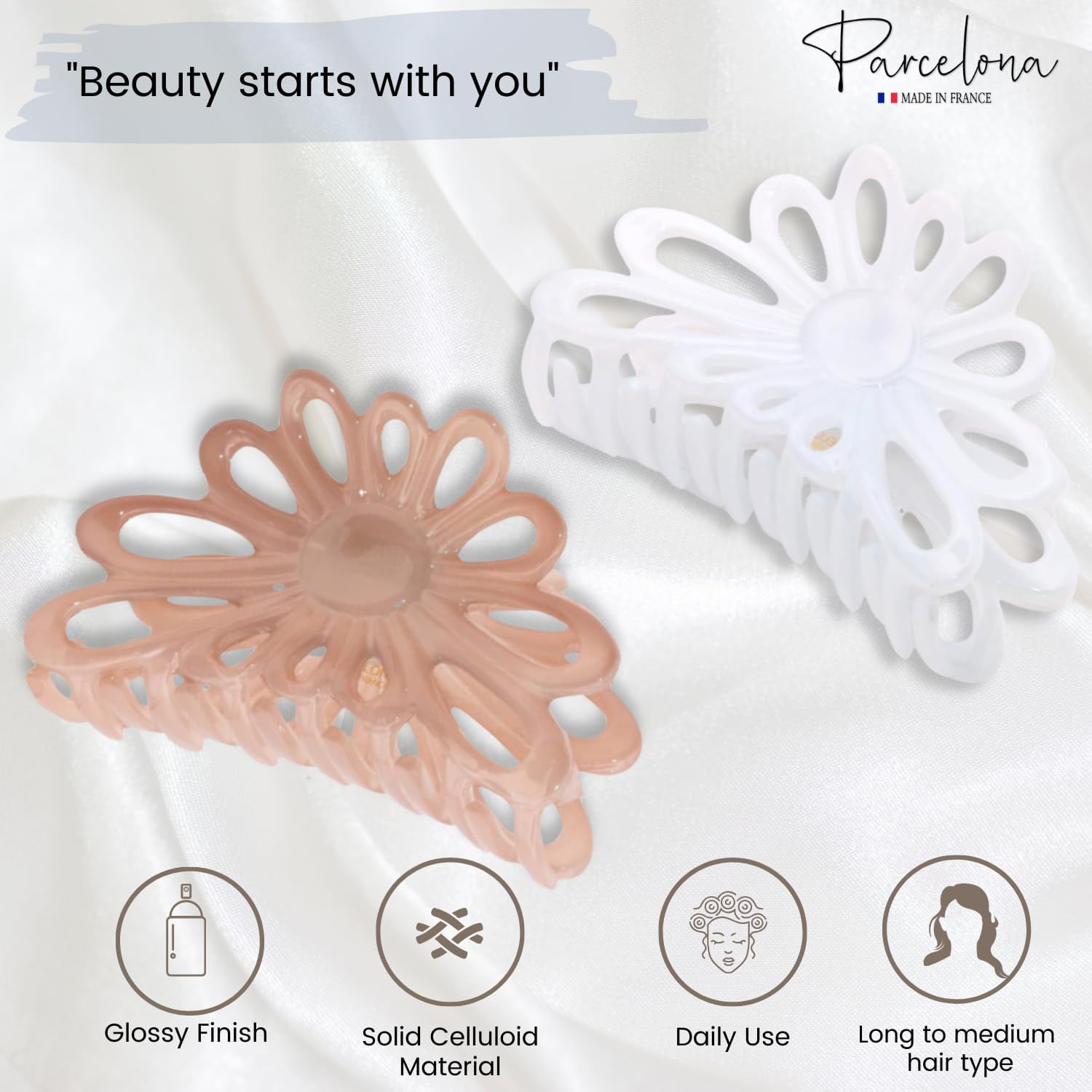 Parcelona French Plume Medium 3" Celluloid Hair Claw Clips for Women  2 Pcs