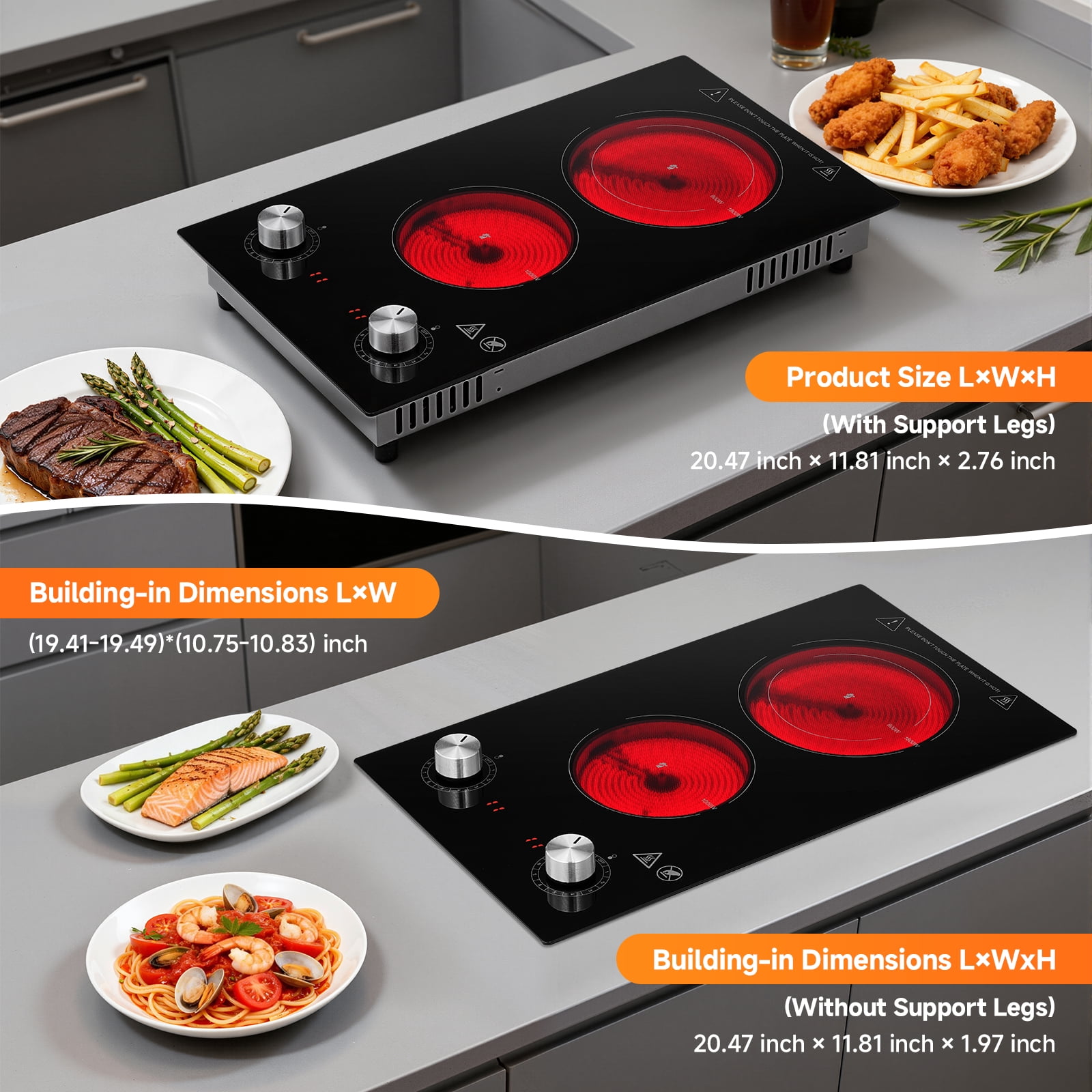Sunmaki 2 Burner Electric Cooktop 1800W Portable Electric Stove with 11 Power Levels, Knob Control, 12 inch