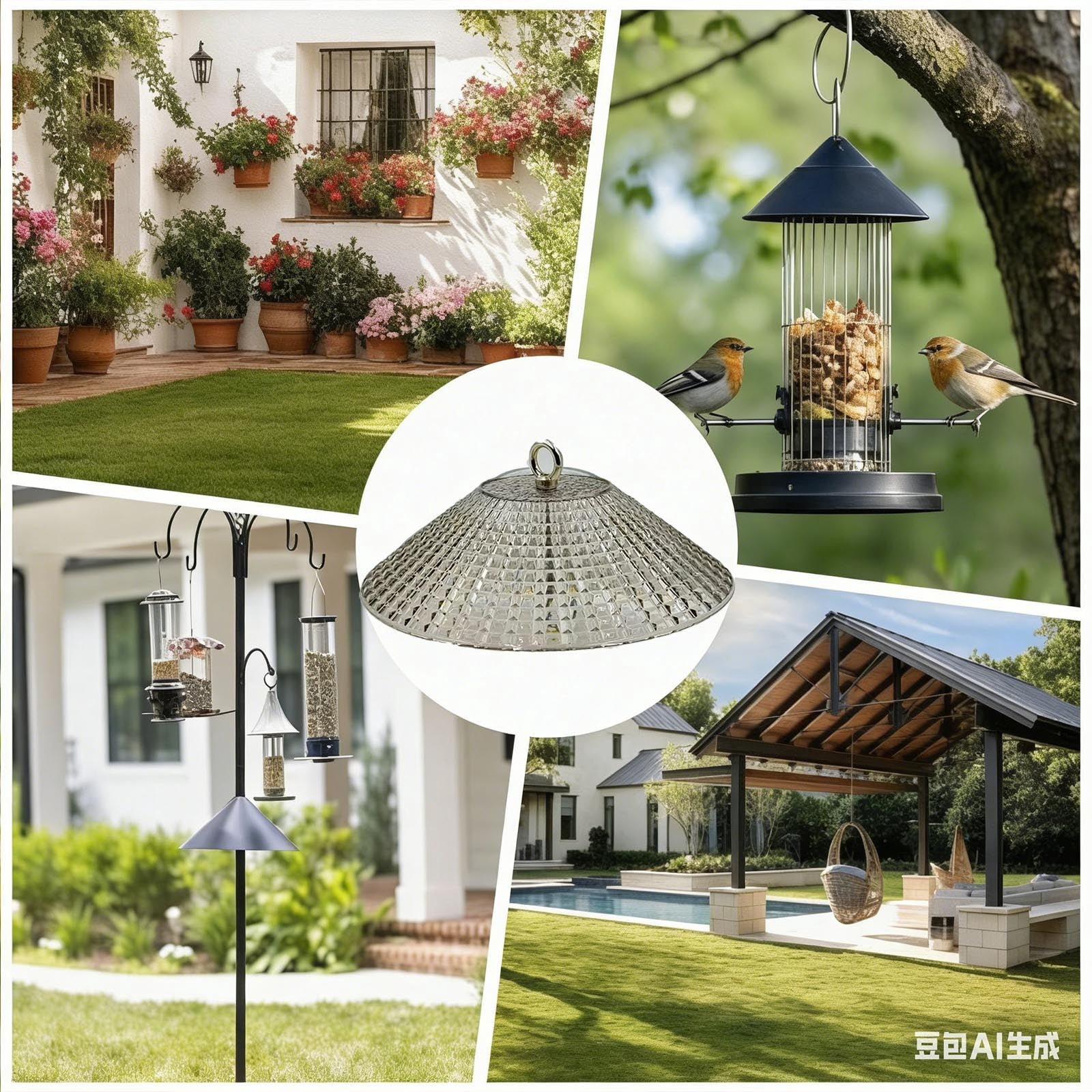 Hanging Bird Feeder, Clear Bird Feeder Baffle Dome, Full Protection for Outdoors, Chew Proof Birds Feeders Rain Guard Cover Outdoors, Gray