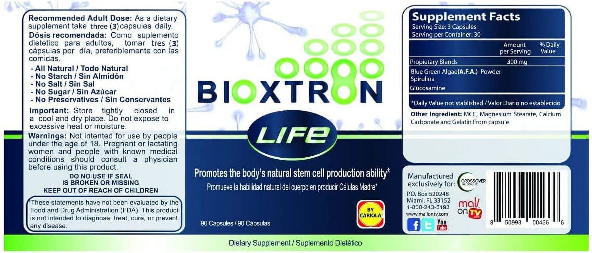 Bioxtron Life AFA Stem Cell Natural Supplement Capsules - Stem Cells Production - Joint Discomfort, Fatigue, Low Defenses - 90 Capsules