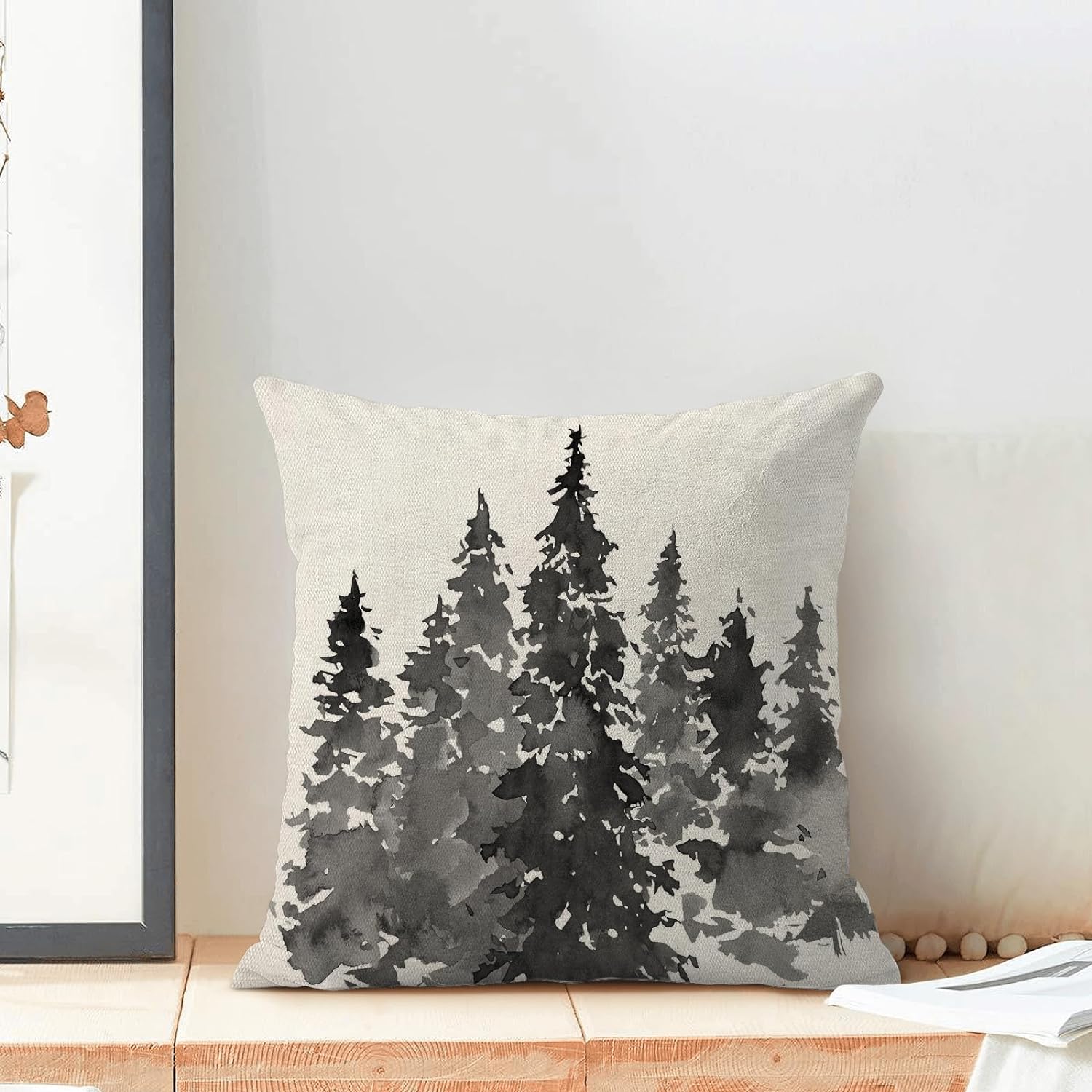 Watercolor Dark Green Tree Pillow Covers - Set Of 2, 20x20 Inch Rustic Forest Throw Pillow Covers
