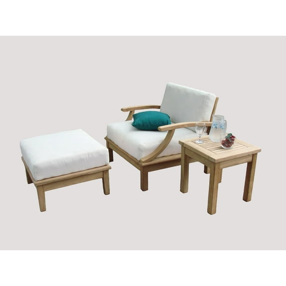 Somer 3 Pc Lounge Chair Set: Lounge Chair, Ottoman & Side Table With Cushions in Sunbrela Fabric #57003 Canvas White
