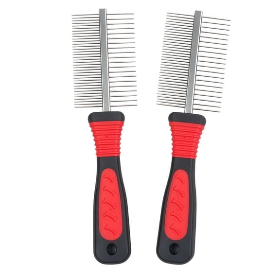 Wanfoou 2 Pack Stainless Steel Double Row Pet Grooming Comb, Dog Hair Deshedding Tool for Puppies And Small Dogs - Red, Heavy Duty Detangling Comb for Removing Loose Fur