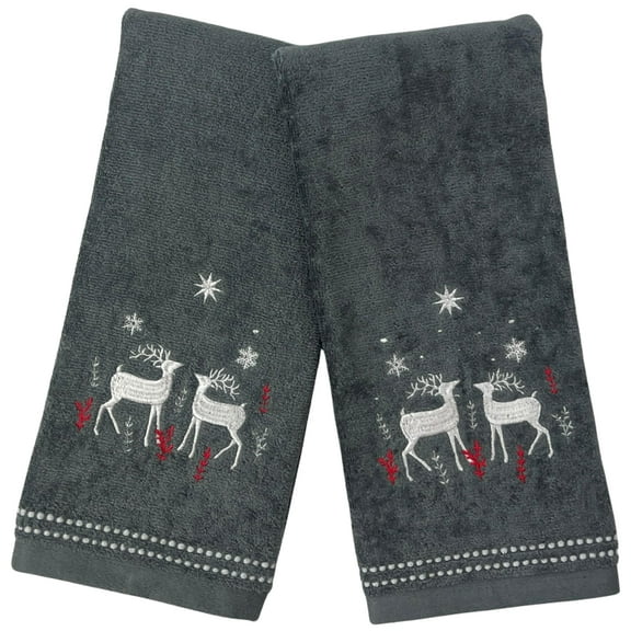 Serafina Home Holiday Christmas Cotton Hand Towels: Noble Reindeer Buck Deer Design, Dark Gray Silver Red White, Set of 2