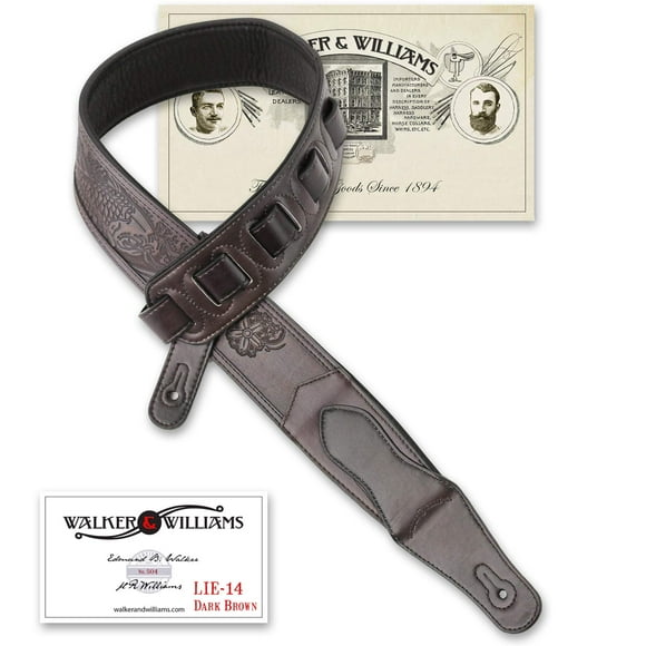 Walker & Williams LIE-14 “Weathered” Dark Brown Padded Guitar Strap with Koi Fish Tooling