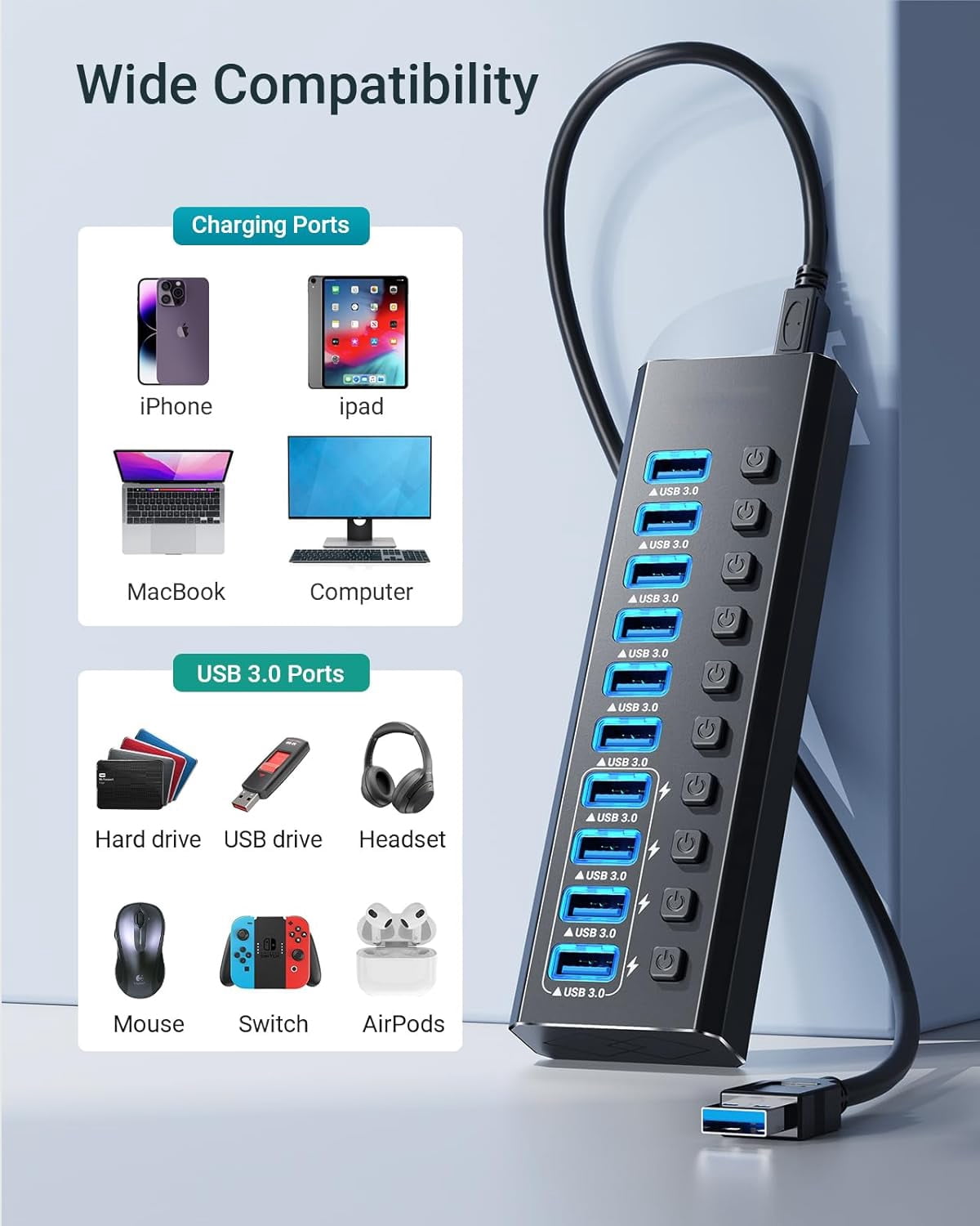 Powered USB Hub 3.0, 10-Port USB 3.0 Hub [Durable Aluminum] 10 Data Transfer Ports+ 4 Smart Charging Ports with Individual On/Off Switches, USB Hub 3.0 Powered with Power Adapter for Laptop PC