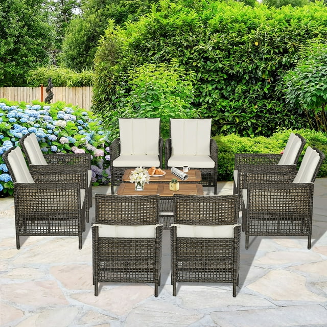 Costway 10PCS Patio Rattan Furniture Set Cushioned Sofa Armrest Wooden Tabletop