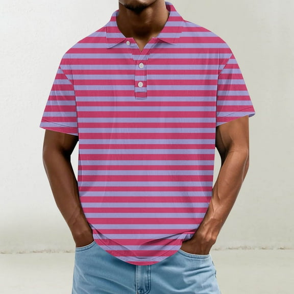 Zynviq Tee Shirts Men Tennis Short Sleeve Collared Striped Button up Stretch Golf Shirts Fashion Tops for Men L