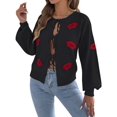 thumbnail image 2 of Women Jacquard Pattern Crew Neck Front Self Tie Cutout Lantern Long Sleeve Loose Knit Sweater, 2 of 9