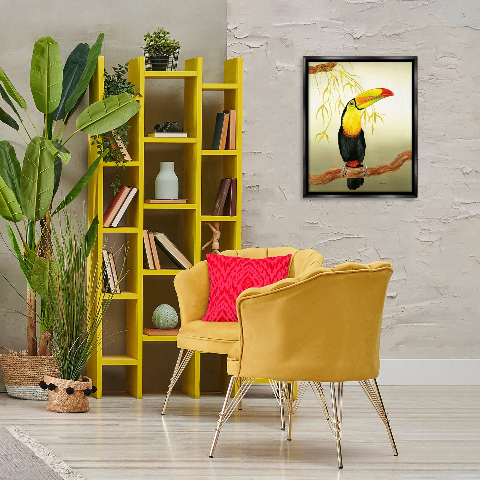 Stupell Industries One Toucan on Branch Animals & Insects Painting Black Floater Framed Canvas Art Print Wall Art, 17 x 21