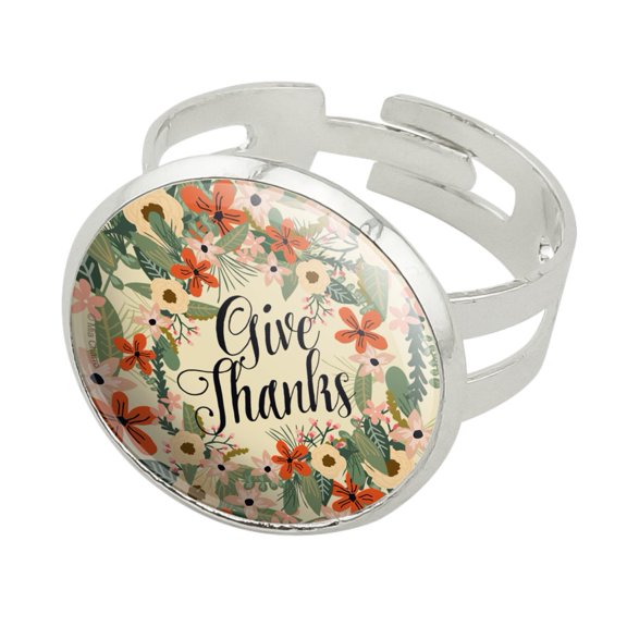 Give Thanks Thankfulness Thank You Silver Plated Adjustable Novelty Ring