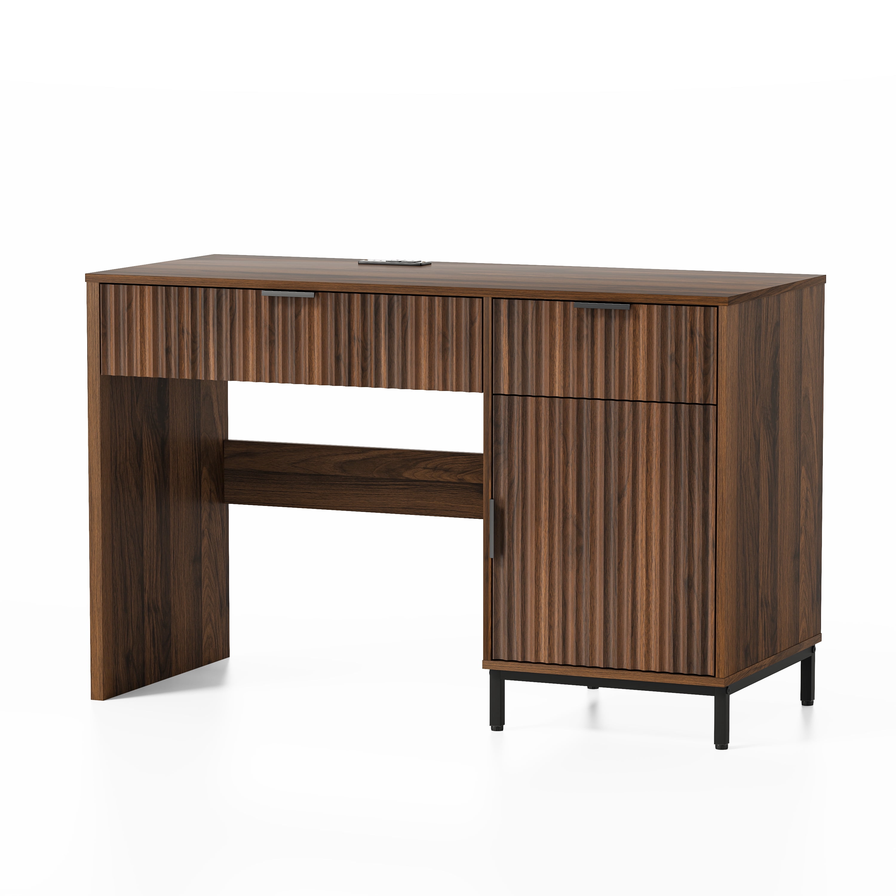 EYYTHUNG 47" Fluted Executive Desk, Modern Wood Home Office Desk with Charging Station, Drawer & Cabinet, Computer Writing Desk