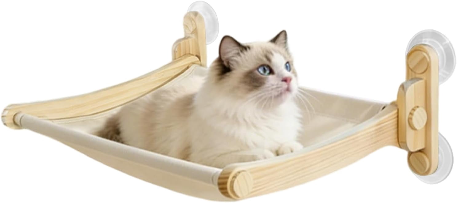 Suction Cup Cat Window Perch, Foldable, Wooden Frame, Washable, Indoor