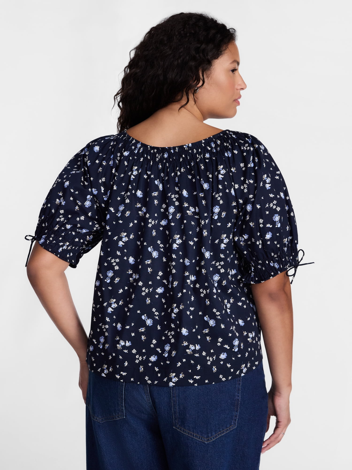 Terra & Sky Women's Plus Scoop Neck Top with Short Tie Puff Sleeves, Sizes 0X-5X