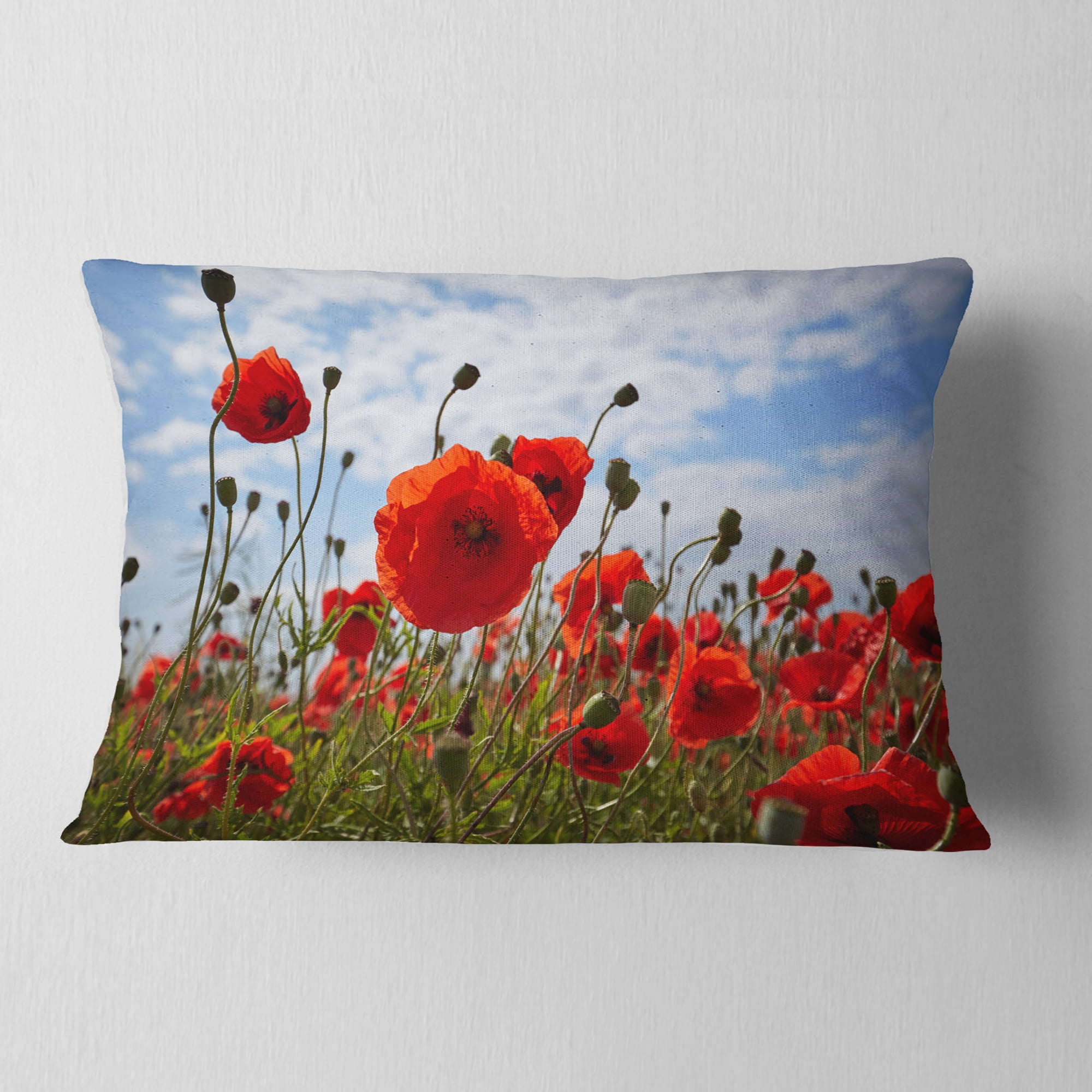 Designart Bright Red Poppy Flowers Photo - Flower Throw Pillow - 12x20