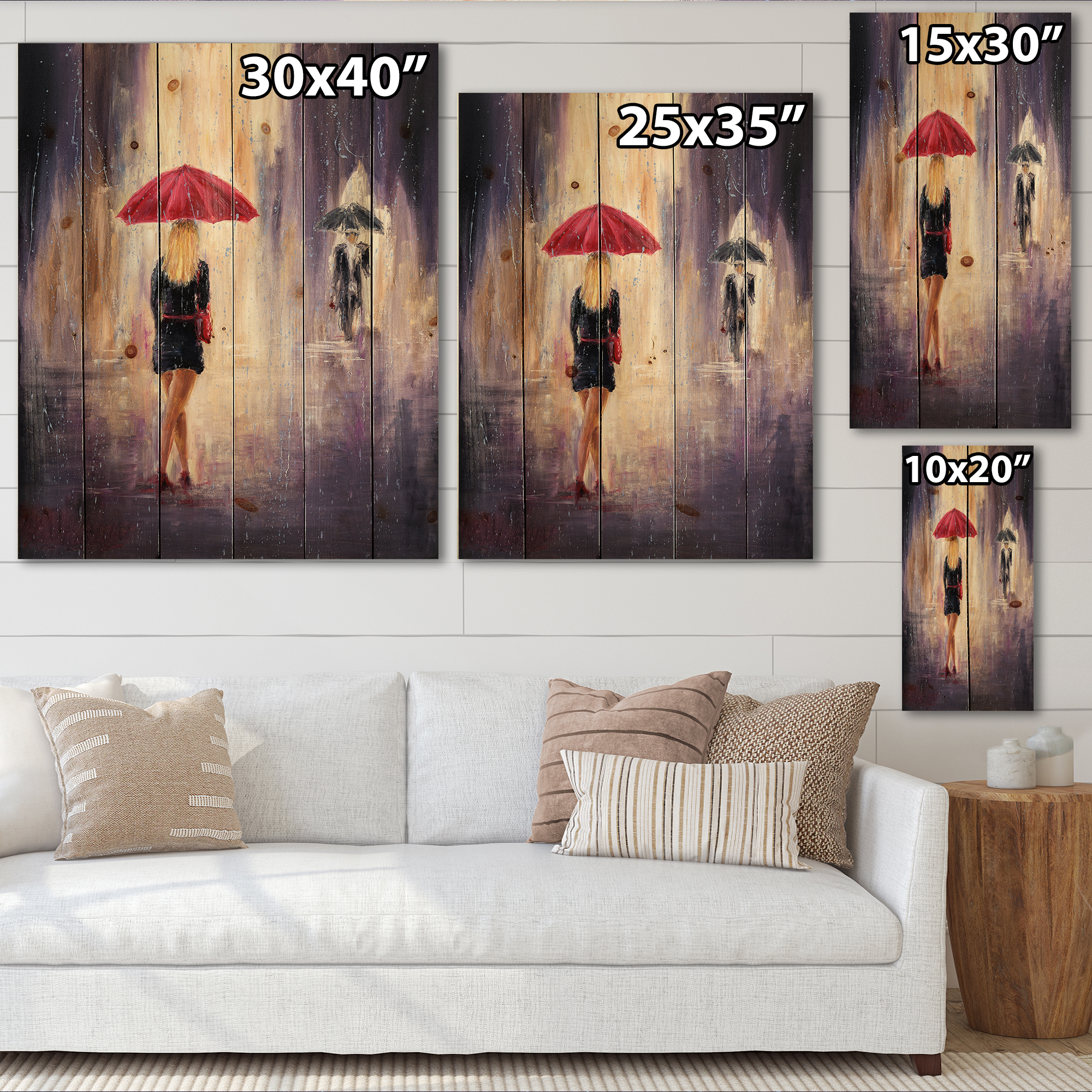 Designart 'The Girl With The Umbrella Walking In The Rain II' French Country Print on Natural Pine Wood