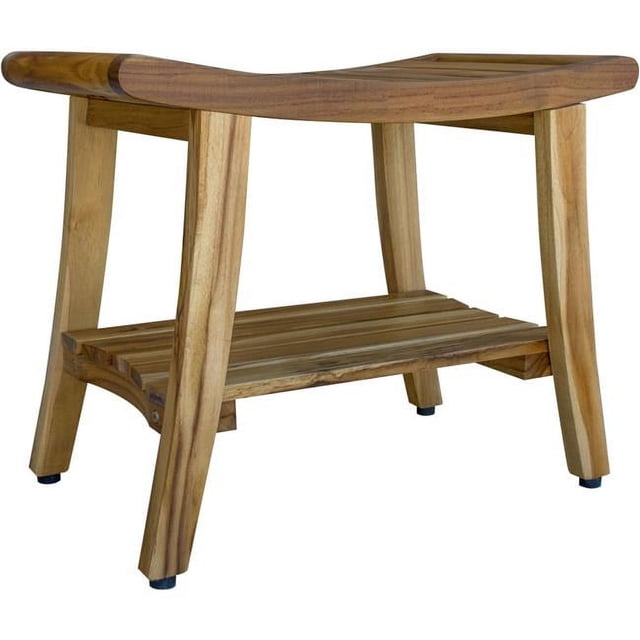 Compact Curvilinear Teak Shower / Outdoor Bench with Shelf in Natural Finish