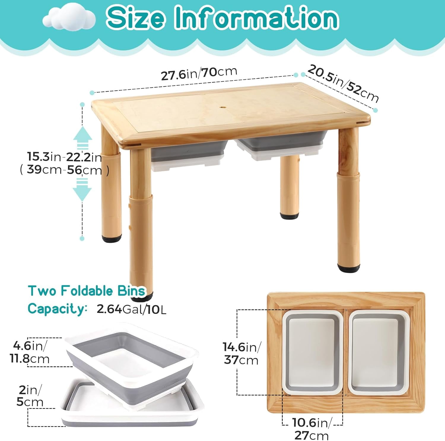 FUNLIO Wooden Sensory Table with 2 Bins for Toddlers 1-5, 4-Level Height Adjustable Kids Activity Table with Anti-Warping Plywood Lid