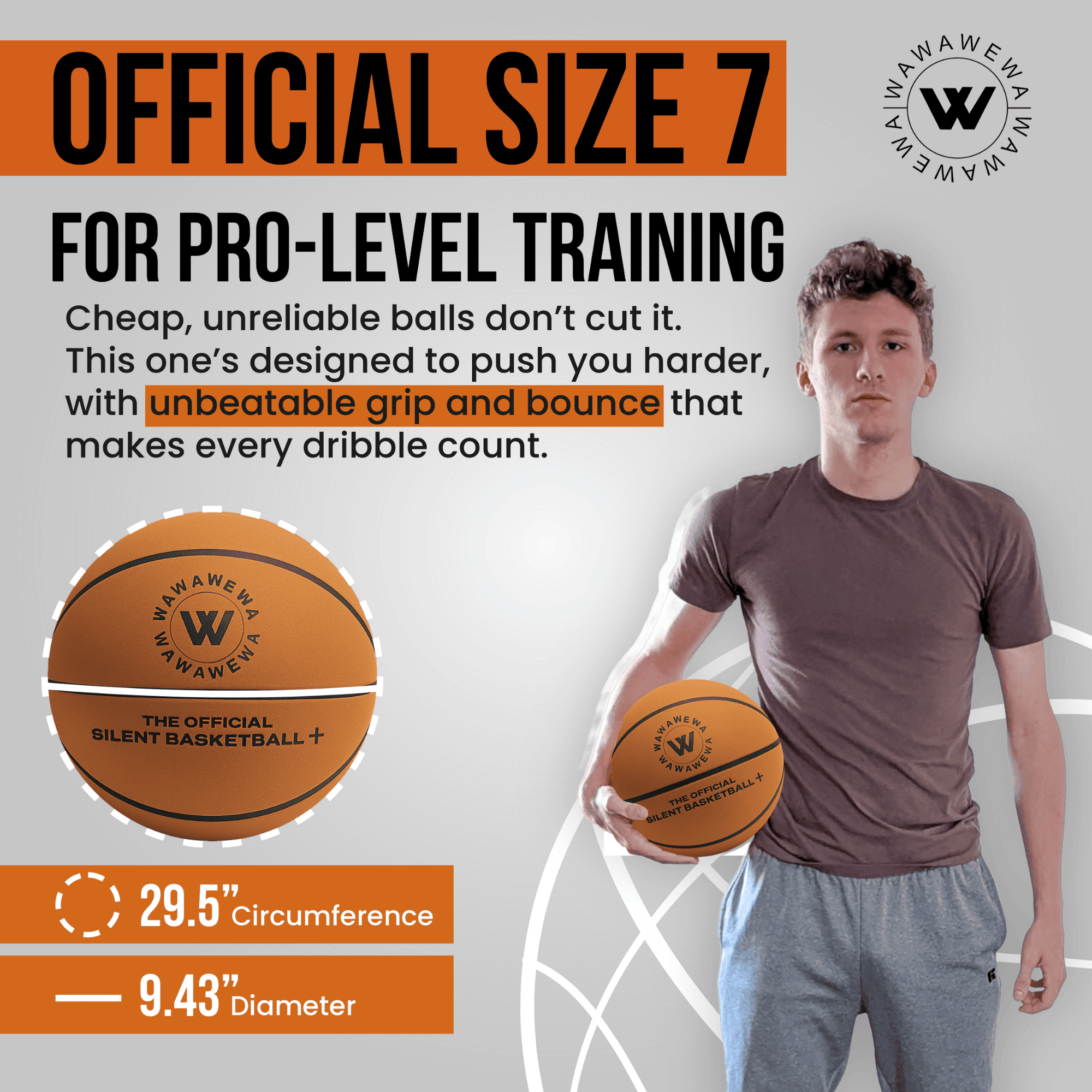 WAWAWEWA The Official Silent Basketball Size 7 (29.5\") – Indoor Basketball for Quiet Dribbling – Grooved Airless Indoor Training PU Foam Basket Ball – Real Feel Silent Play for All Ages