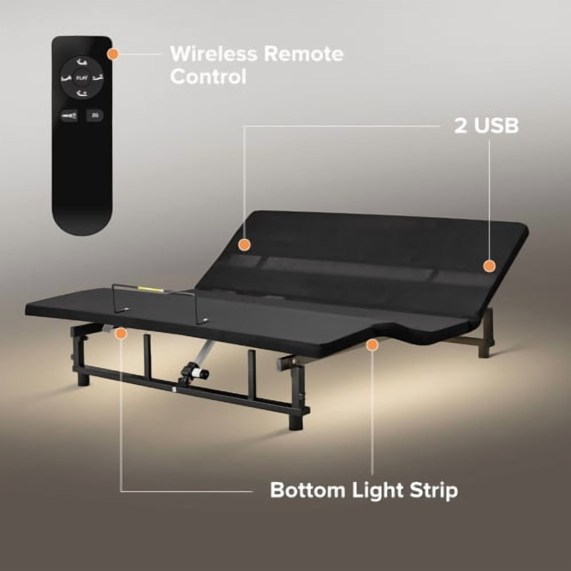 Euroco Adjustable Bed Base Frame, Queen Bed with Head and Foot Incline, Bed Frame with Wireless Remote Control and USB Ports, LED Light, Zero Gravity Quiet Motor, Black
