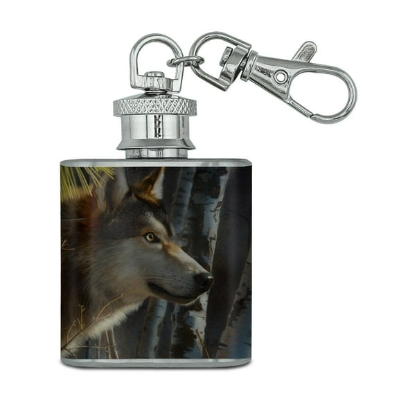 Wolf Looking Through the Woods Stainless Steel 1oz Mini Flask Key Chain