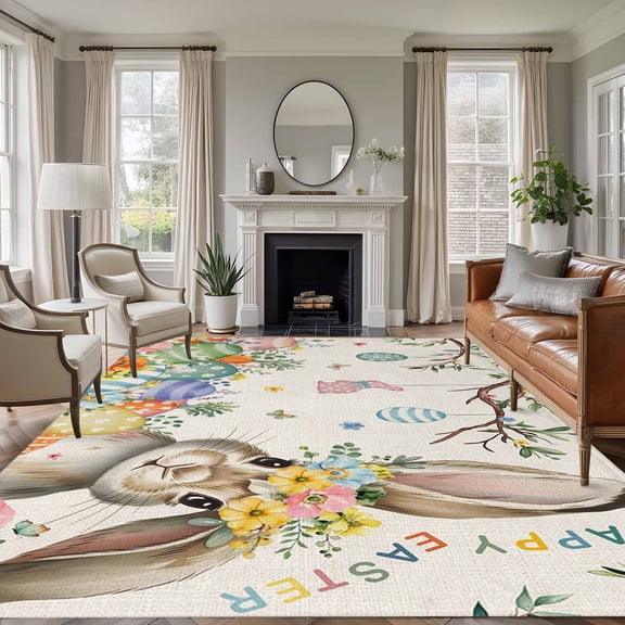 Beige Easter Bunny Area Rug 5x7 Washable Rug Non Slip Spring Easter Eggs Floral Rustic Burlap Large Area Rug Soft Stainresistant Indoor Floor Carpet for Living Room Bedroom Home Office Dining Room