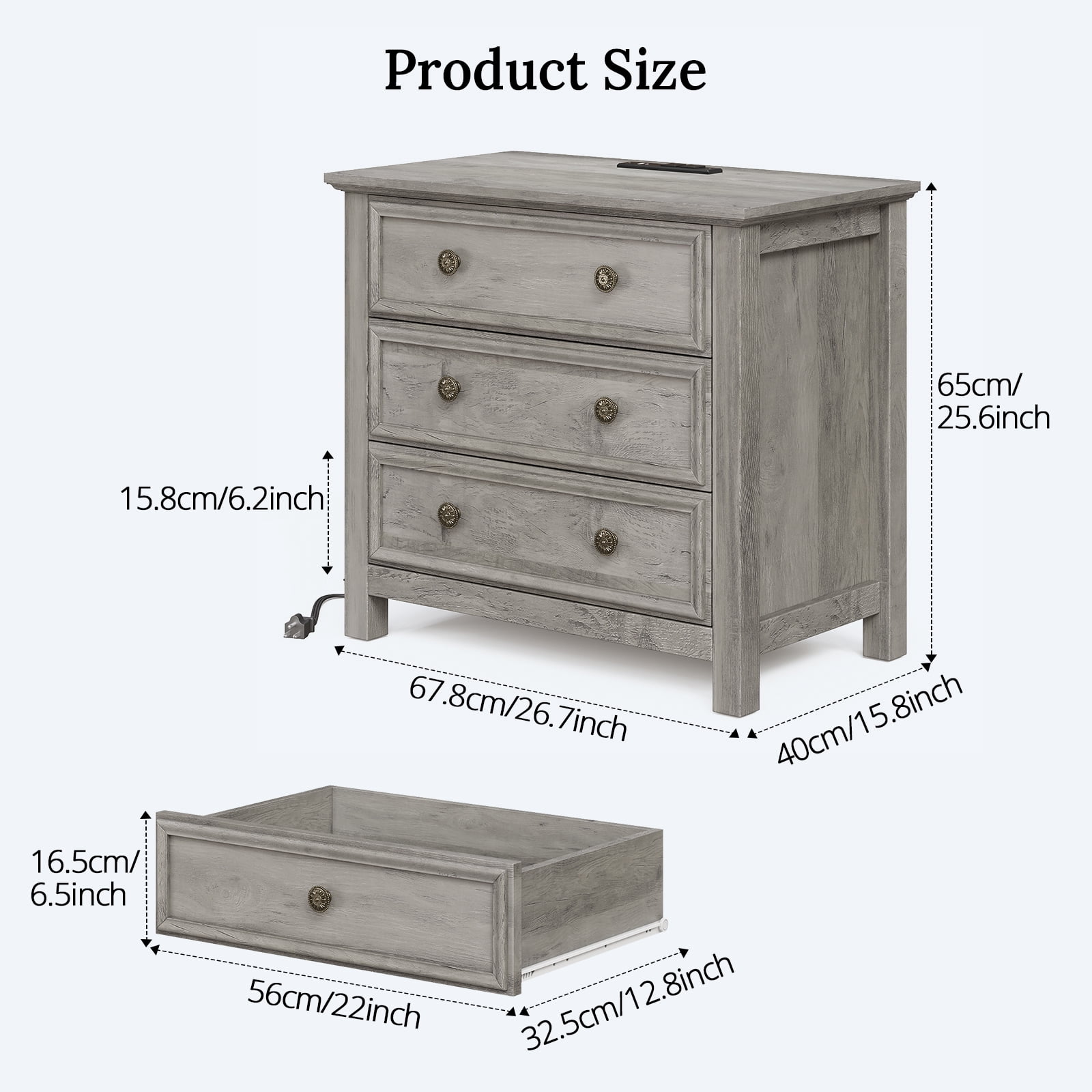 Holliwill 26.7" Wide Nightstand Set of 2 with Charging Station, Farmhouse Nightstands with 3 Drawers, End Table Bedside Table for Bedroom Enrtyway Living Room, Gray