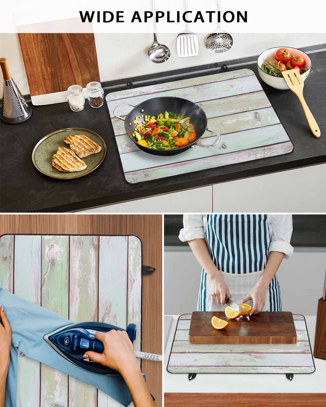 nqOlkjepod Large Induction Cooktop Protector Mat 24"x21", Green Grey Wooden Stove Top Covers for Electric Stove, Farmhouse Vintage Stripes Decorative Stove Burner Cover Mats, Glass Top Stove Cover
