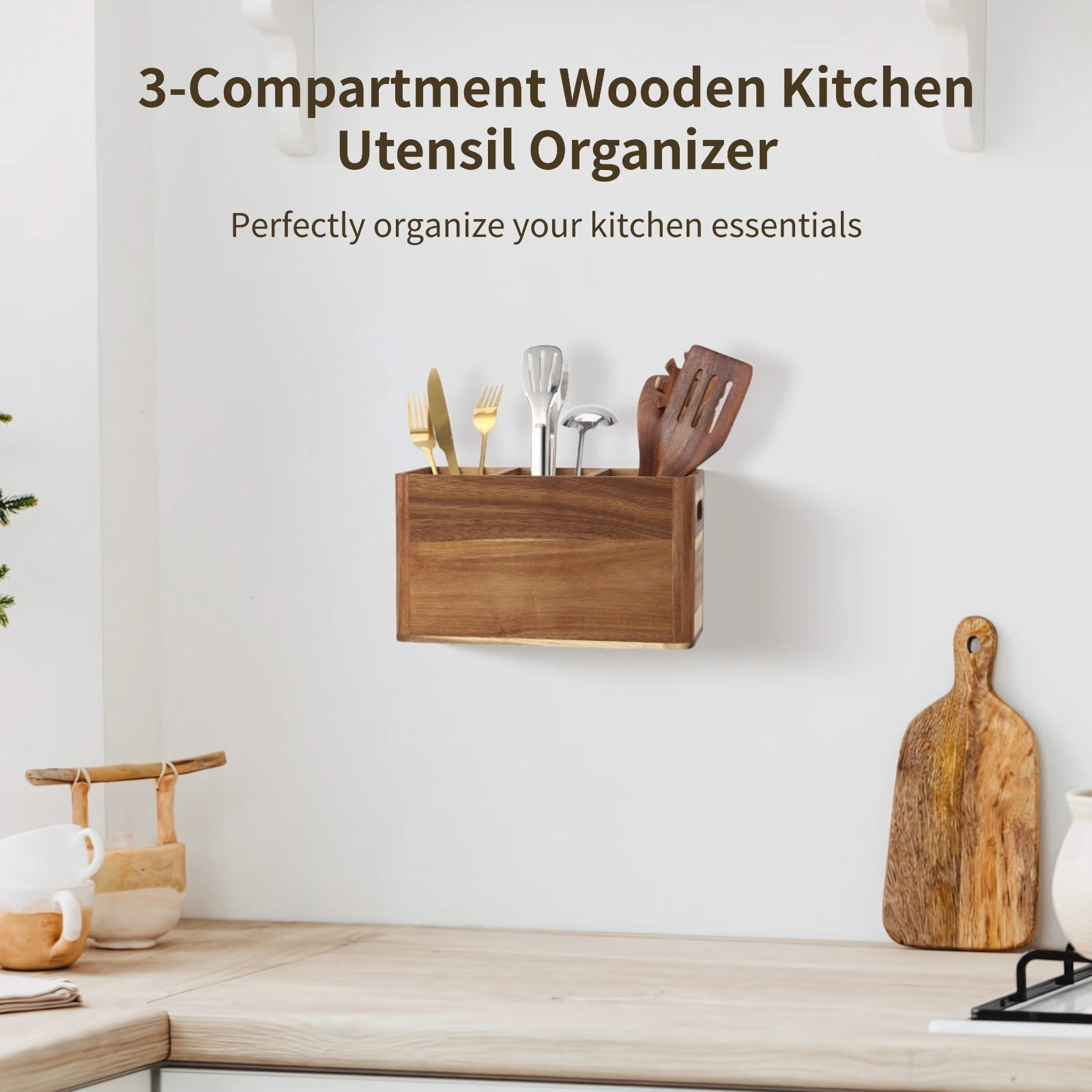 3-Compartment Wooden Kitchen Utensil Holder Organizer, Large Wood Utensil Container with Removable Dividers, 12 x 4.7 x 6.8 in, Wooden Storage for Cooking and Silverware