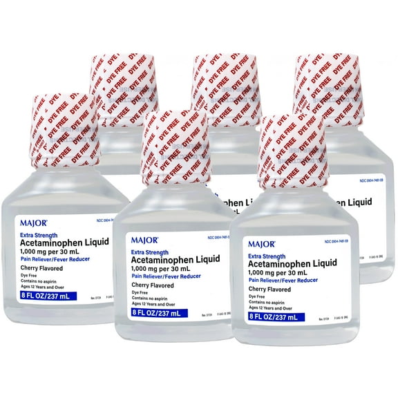 6 Pack - MAJOR Extra Strength Acetaminophen Liquid, 1000 mg per 30 mL, Pain Reliever/Fever Reducer, Cherry Flavored, Dye Free, 8 FL OZ