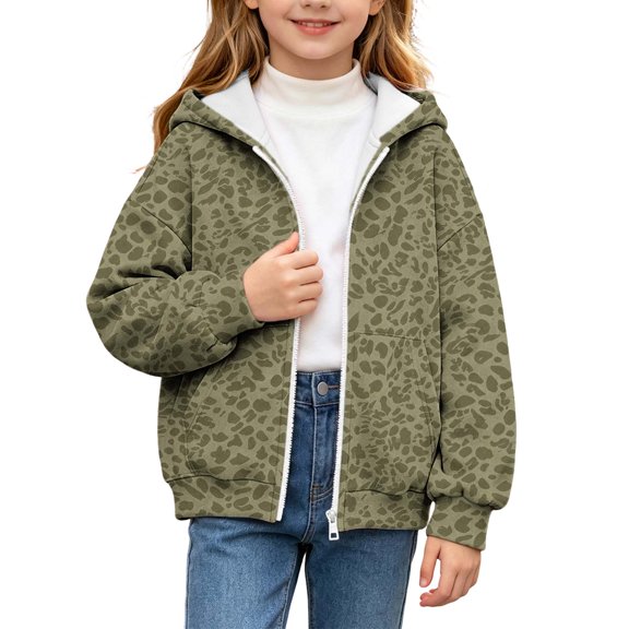 SERTGUTR Girls Leopard Print Hooded Sweatshirt, Zip Up Fleece Jacket with Pockets, Long Sleeve Casual Outerwear, Everyday School Outdoor Warm Coat